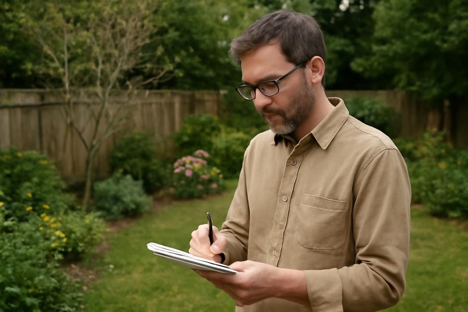 Person taking notes while standing in a backyard garden